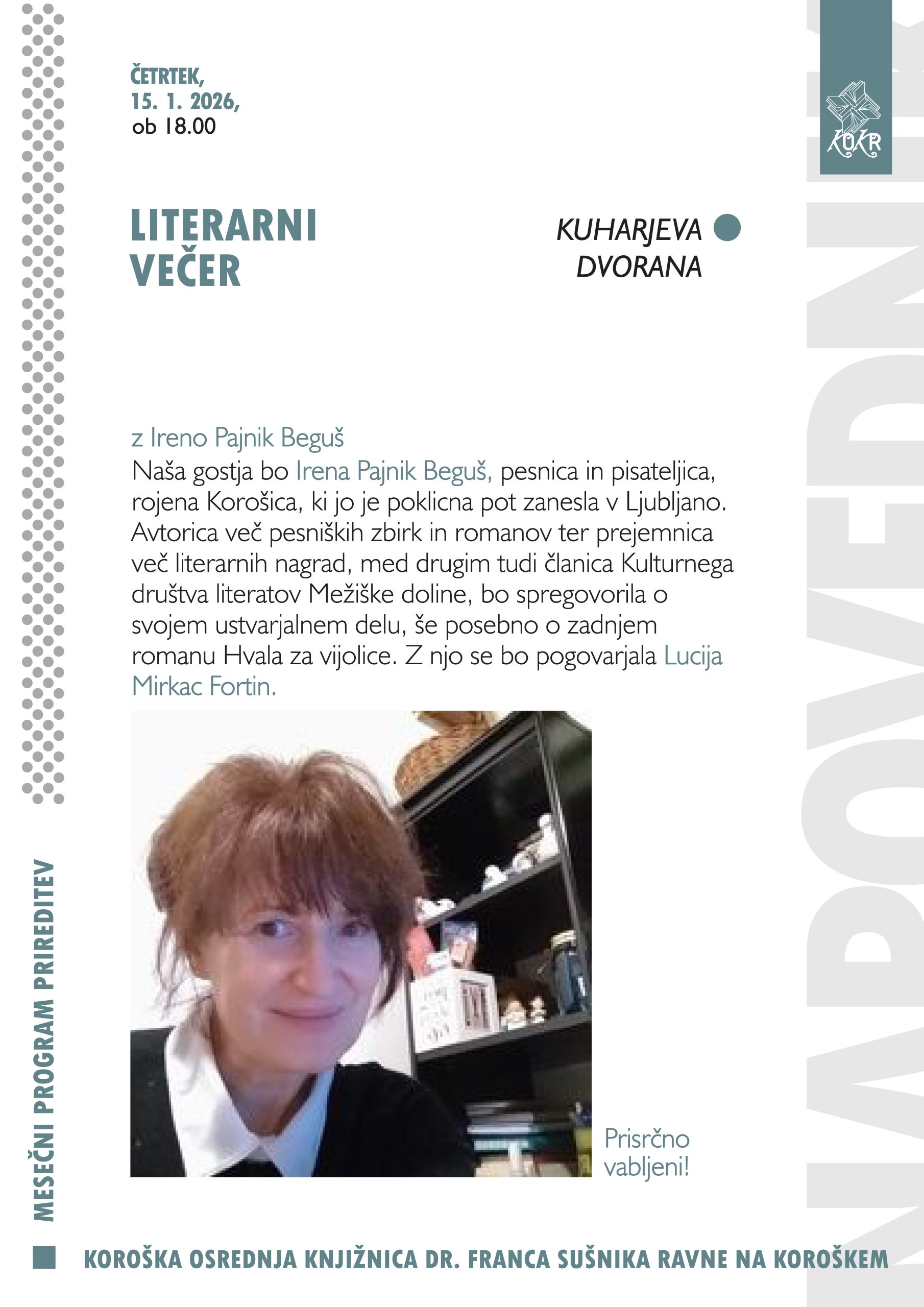 Literarni večer z Ireno Pajnik Beguš