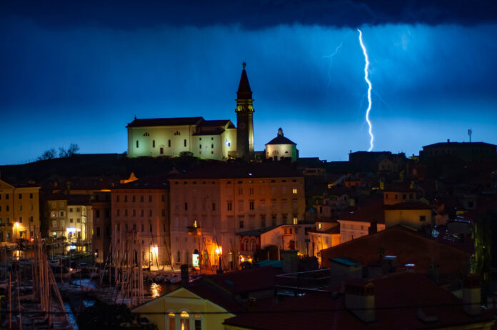 Night storm with lightning in Piran.